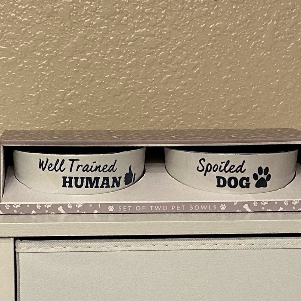 Set of 2 Pet Bowls. White & Navy ‘Well Trained Human’ & ‘Spoiled Dog’